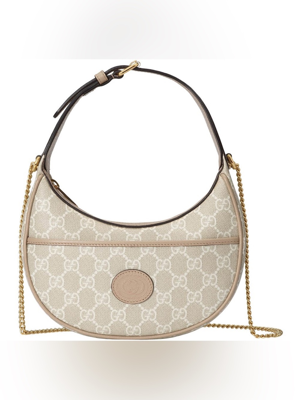 Gucci Beige GG Canvas Crescent Shoulder Bag with Gold Chain